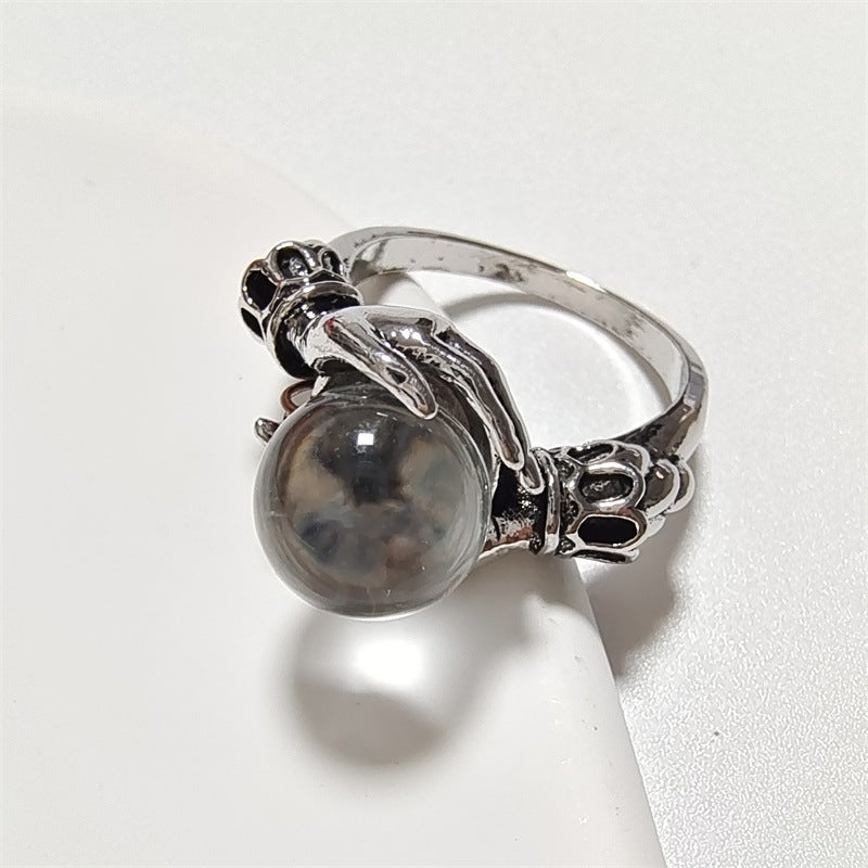 Retro Magic Crystal Ball Ring for Women with Natural Black Clear Gemstones