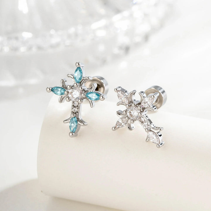 Zircon-Studded Cross Screw Barbell Earrings – Elegant Couple Ear Studs