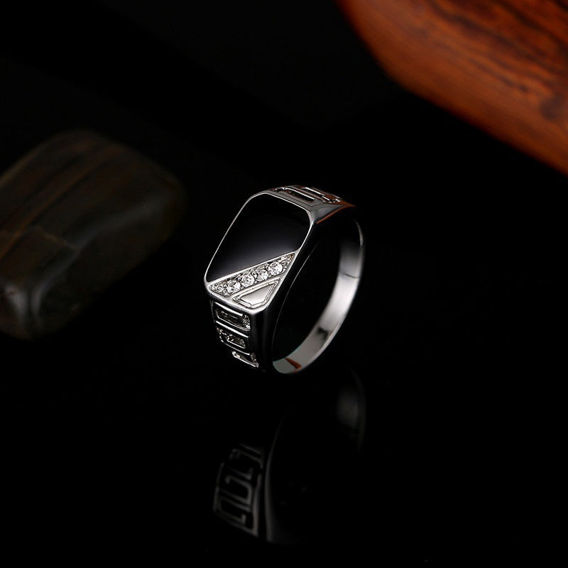 Titanium Steel Geometric Black Face Diamond-Embedded Men's Ring (Light Luxury Business Style)