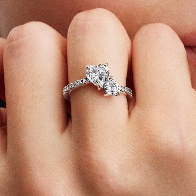 Two Heart Shaped Stone Ring, Gold & Silver Luxury Promise Engagement Diamond Band