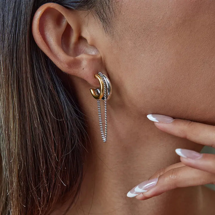 Double Layer C-Shape Hoop Chain Tassel Earrings, Two-Tone/Silver/Gold 3 Color S925 SilverGeometric Long Dangle Jewelry