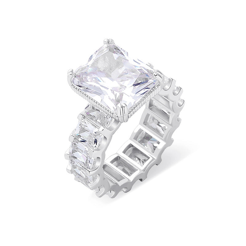 Large Square Main Stone Hollow Wide Band Ring, Bold Geometric Luxury Diamond Statement Ring