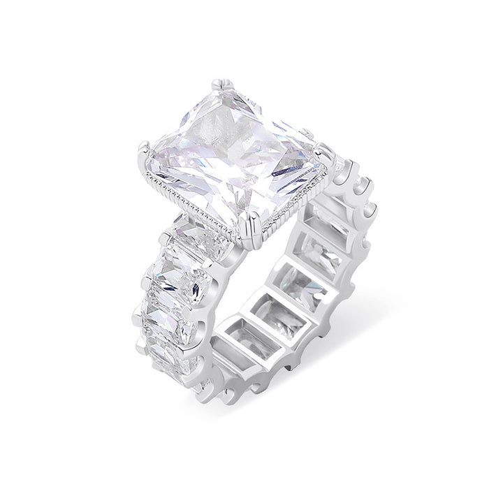 Large Square Main Stone Hollow Wide Band Ring, Bold Geometric Luxury Diamond Statement Ring