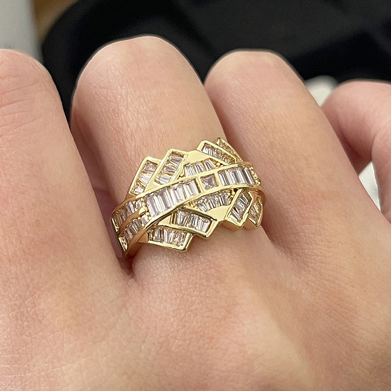 Double Layer Interwoven Baguette Diamond Wavy Wide Ring, Solid S925 Silver Gold & Silver Two-Tone Luxury Heavy Pave Band