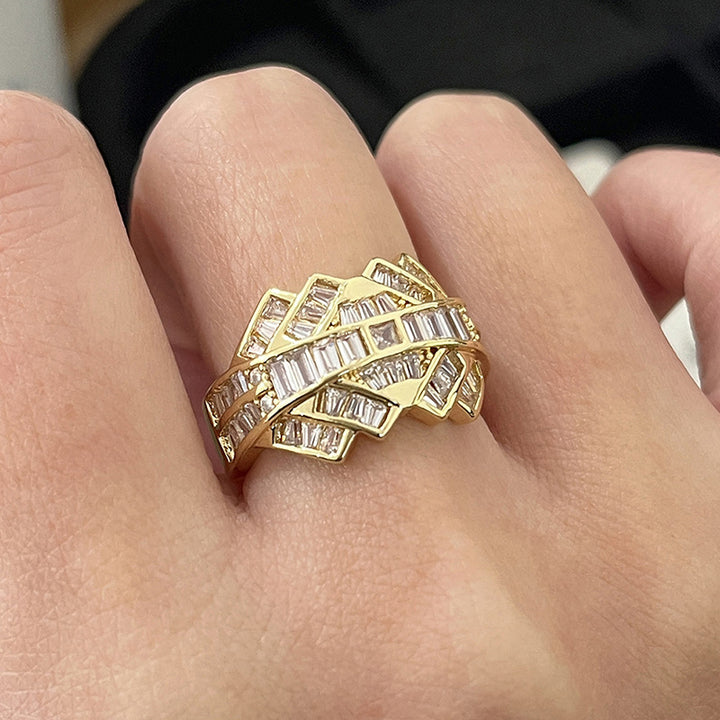 Double Layer Interwoven Baguette Diamond Wavy Wide Ring, Solid S925 Silver Gold & Silver Two-Tone Luxury Heavy Pave Band