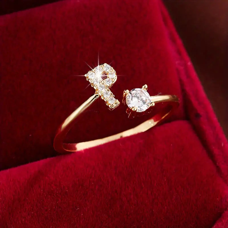 Full Zircon Letter Open Ring CNC-Set Titanium Steel Vacuum Plated