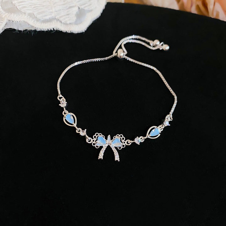 S925 Silver Blue Diamond Bow Slider Bracelet, Sweet Style Adjustable Bracelet with Teardrop Diamonds