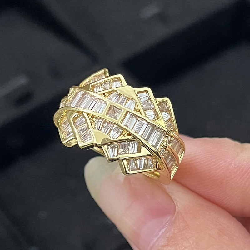 Double Layer Interwoven Baguette Diamond Wavy Wide Ring, Solid S925 Silver Gold & Silver Two-Tone Luxury Heavy Pave Band