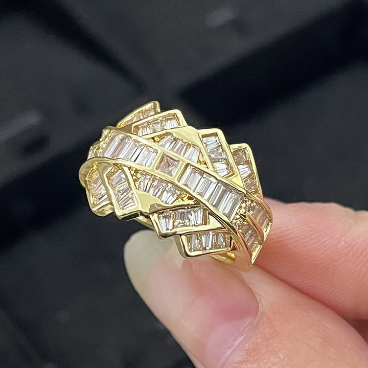 Double Layer Interwoven Baguette Diamond Wavy Wide Ring, Solid S925 Silver Gold & Silver Two-Tone Luxury Heavy Pave Band