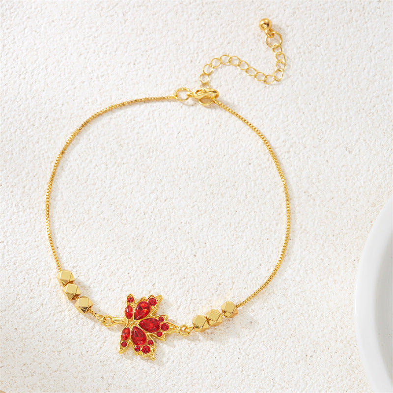 Red Diamond Maple Leaf Jewelry Set (Necklace + Bracelet + Hoop Earrings)