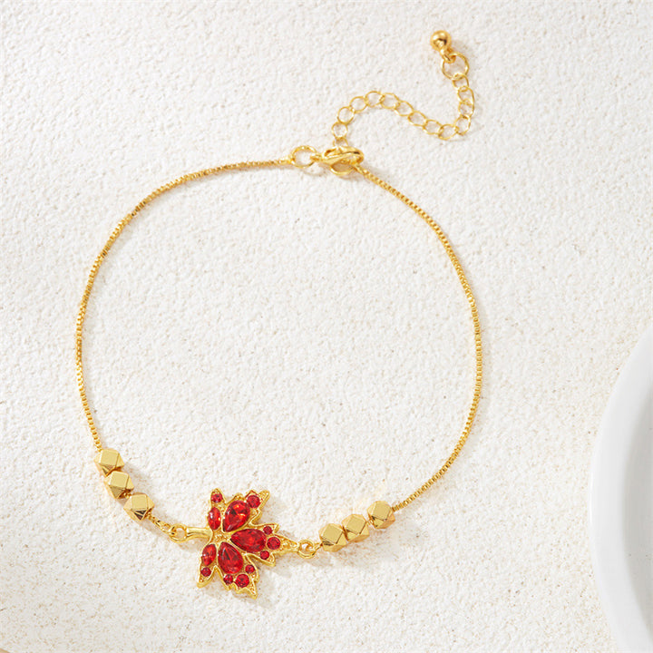 Red Diamond Maple Leaf Jewelry Set (Necklace + Bracelet + Hoop Earrings)