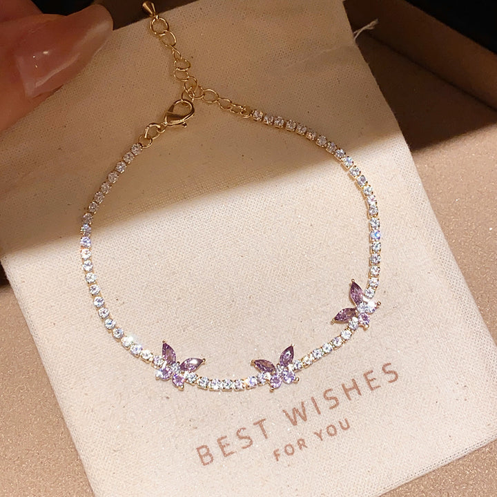 Three‑Butterfly Pave Diamond Tennis Bracelet, Marquise Cut Diamond Butterfly Dainty Women Bracelet, Gold & Silver Tone, Clear & Purple Diamond Available