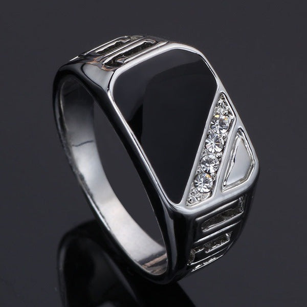 Titanium Steel Geometric Black Face Diamond-Embedded Men's Ring (Light Luxury Business Style)