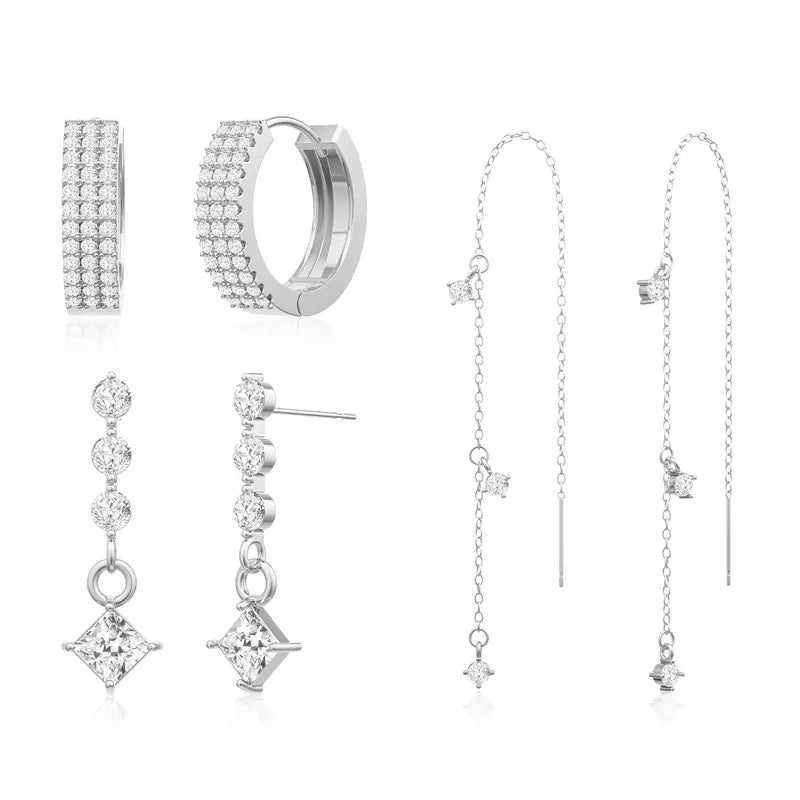 Luxury 3-Piece Diamond Earring Set, Paved Wide Hoops + Linear Square Drop Studs + Multi-Stone Threader Earrings Gold & Silver Jewelry Kit