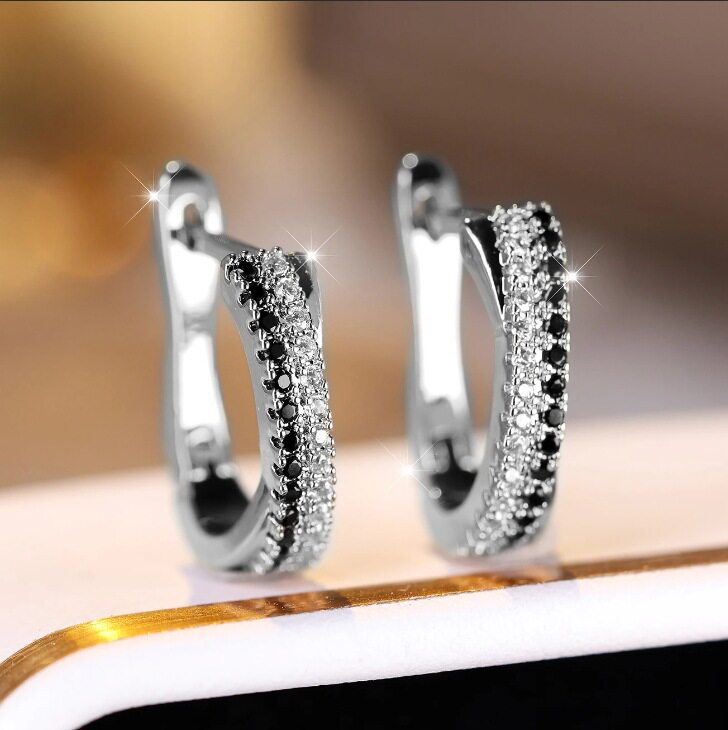Black‑White Contrast Double‑Row Diamond Huggie Earrings, 3‑Color Options