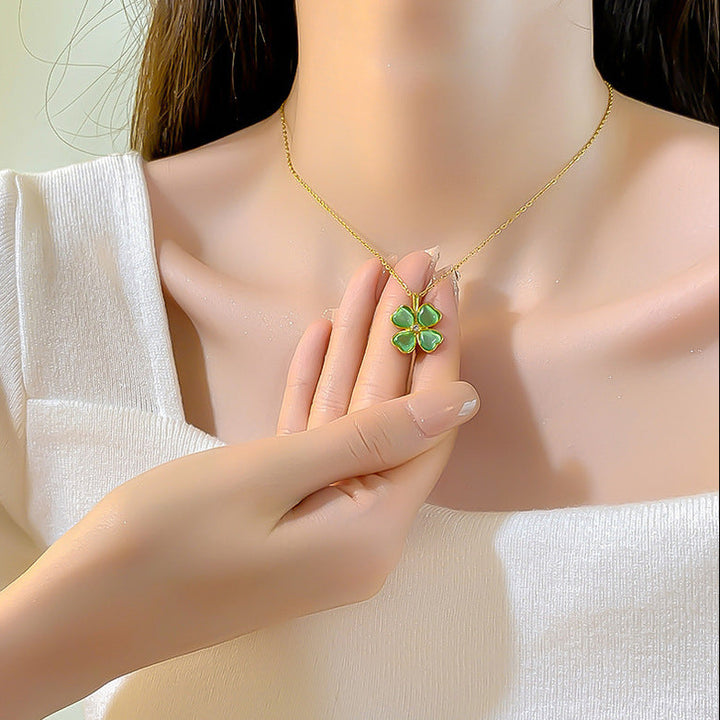 Cat's Eye Four-Leaf Clover Lucky Necklace, 2 Color Heart Petal 14K Gold Plated Choker