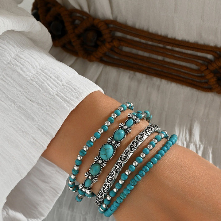 Bohemian Turquoise Multi-Layer Bracelet Set, Vintage Antique Silver Ethnic Stackable Beaded Bracelets, Women Vacation Jewelry