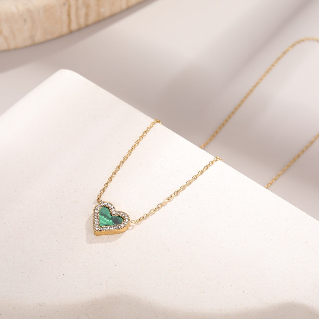 White Shell & Diamond Heart Pendant Necklace & Bracelet Set (Elegant Daily Jewelry Set)
