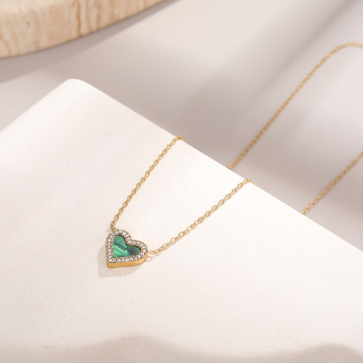 White Shell & Diamond Heart Pendant Necklace & Bracelet Set (Elegant Daily Jewelry Set)