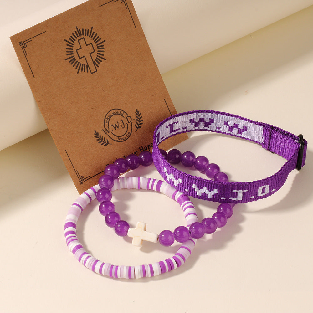WWJD Series Cross Beaded Webbing Bracelet Set