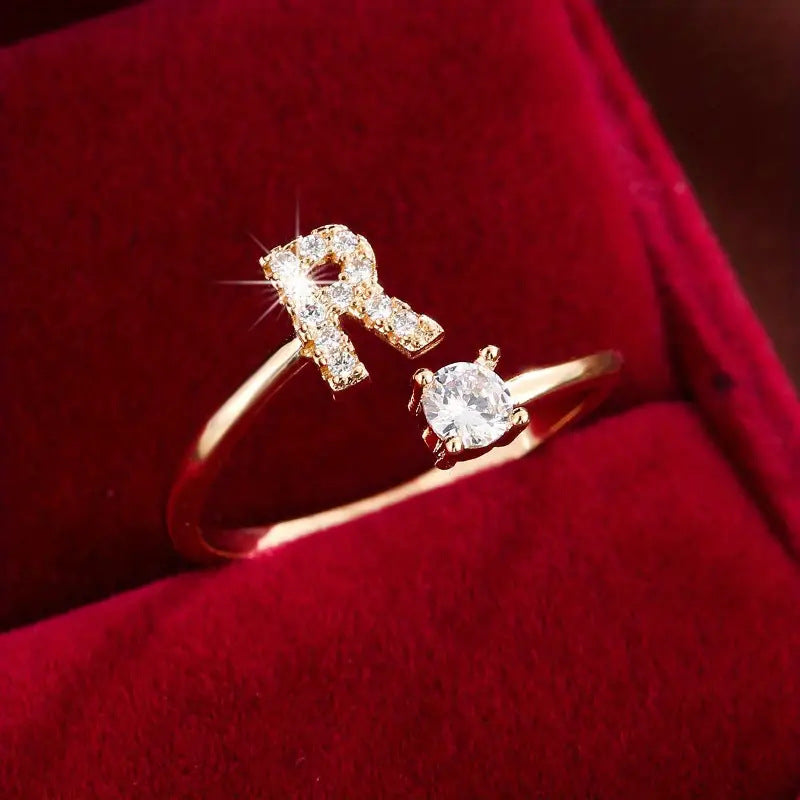 Full Zircon Letter Open Ring CNC-Set Titanium Steel Vacuum Plated