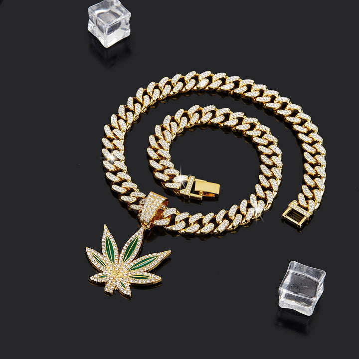 Color Enamel Maple Leaf Iced Out Cuban Necklace, Hip Hop Chunky Diamond Chain Trendy Pendant Necklace for Men
