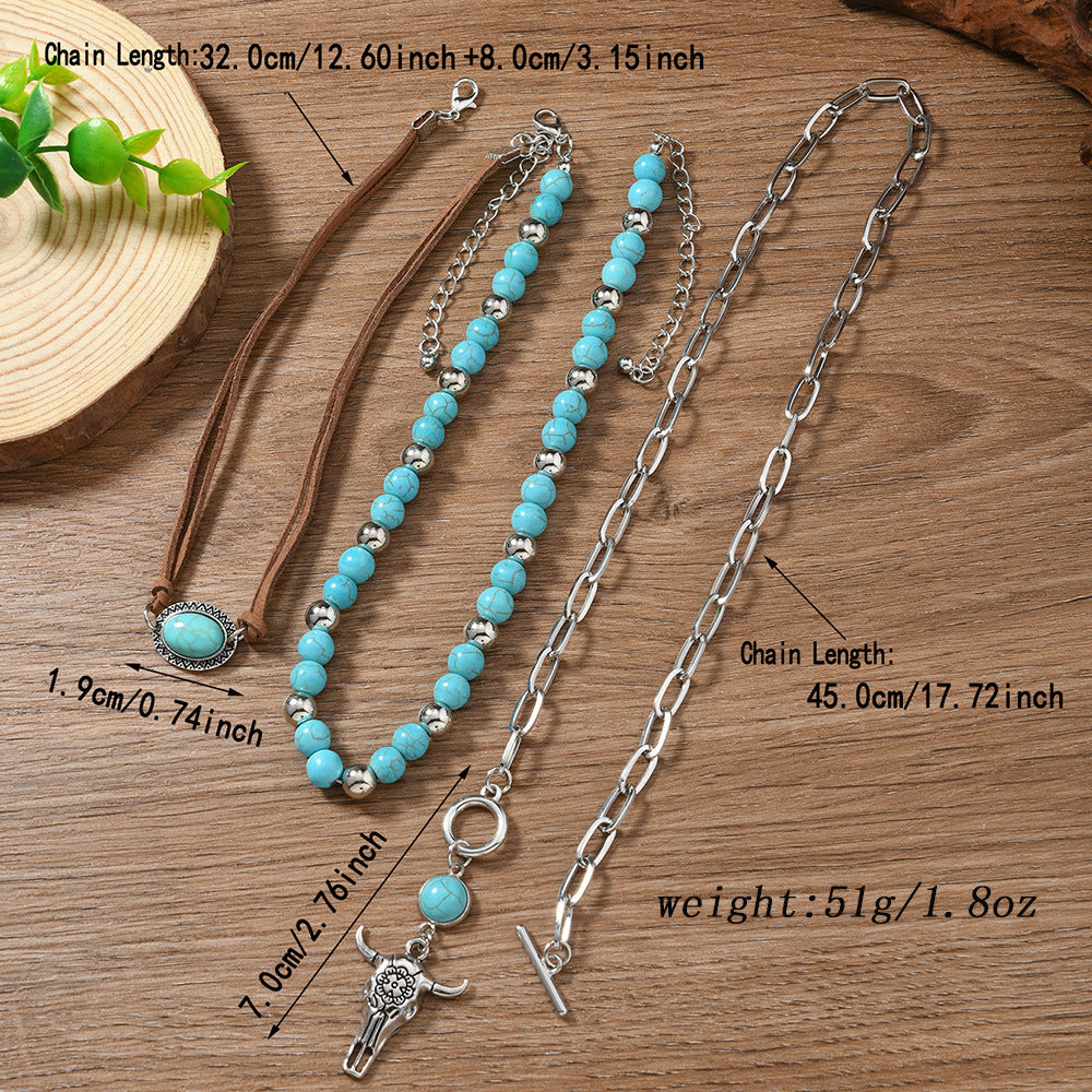 Western Multi-Layer Turquoise Bull Skull Stacked Necklace, S925 Silver Vintage Cowboy Double-Layer Choker Set