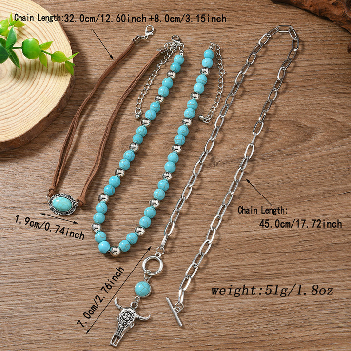 Western Multi-Layer Turquoise Bull Skull Stacked Necklace, S925 Silver Vintage Cowboy Double-Layer Choker Set