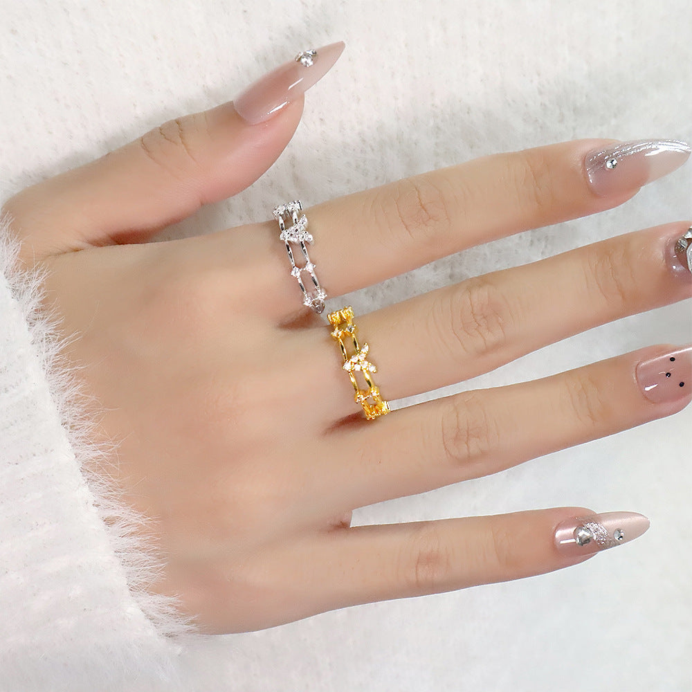 Double Layer Branch Pave Crystal Open Ring, Gold & Silver French Floral Adjustable Thin Band