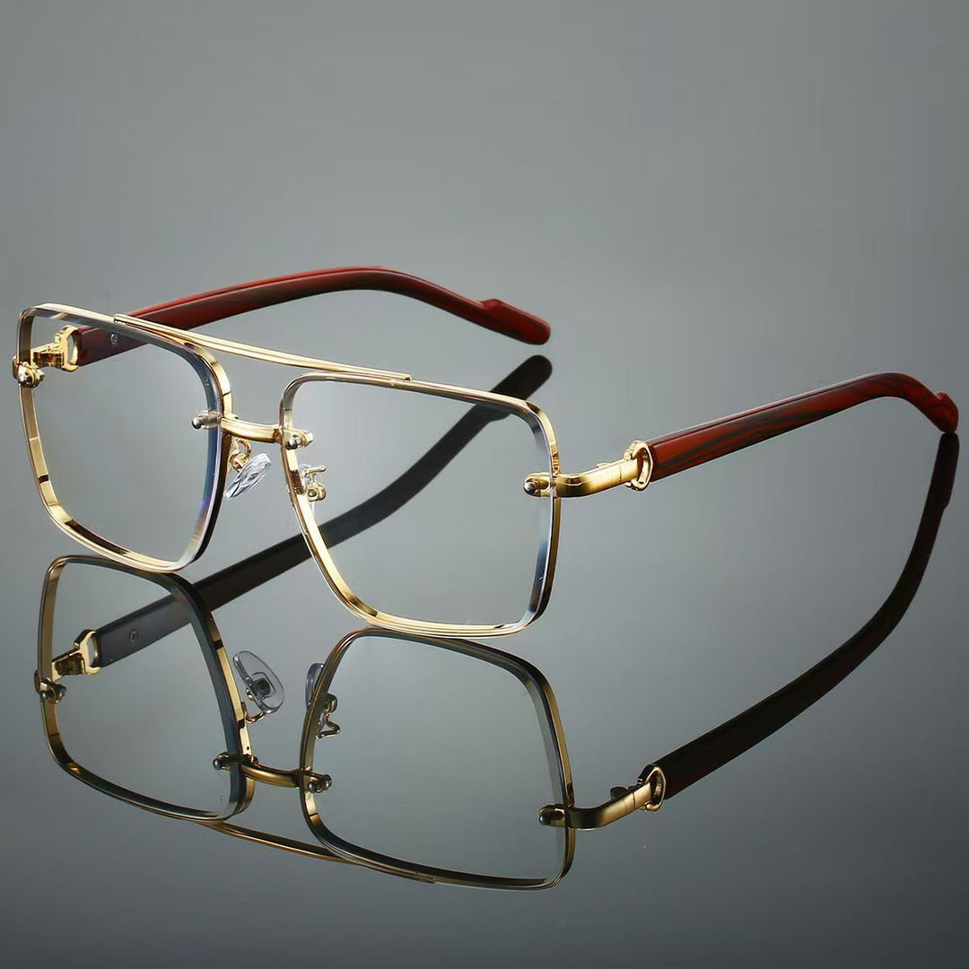 Vintage Double Rim Half-Rim Wood Grain Metal Aviator Sunglasses, Multi Gradient Lens Outdoor Shades