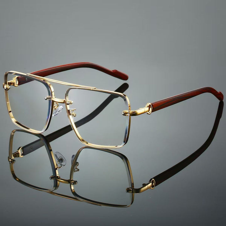 Vintage Double Rim Half-Rim Wood Grain Metal Aviator Sunglasses, Multi Gradient Lens Outdoor Shades