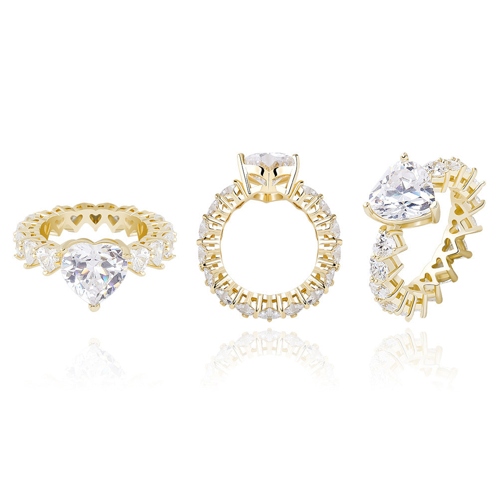 Large Heart‑Diamond Hollow‑Band Ring, Three‑Color Options