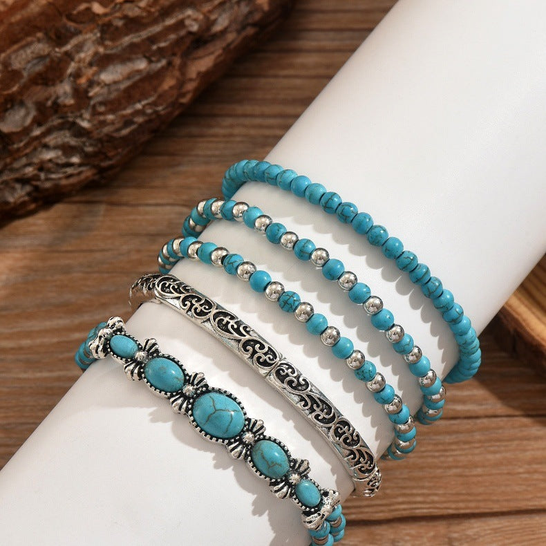 Bohemian Turquoise Multi-Layer Bracelet Set, Vintage Antique Silver Ethnic Stackable Beaded Bracelets, Women Vacation Jewelry