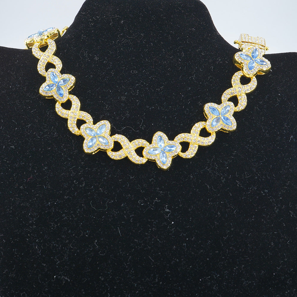 Infinity Knot Clover Clear Diamond Jewelry Set, Gold & Silver Tone Luxury Pave White Gemstone Bracelet & Necklace