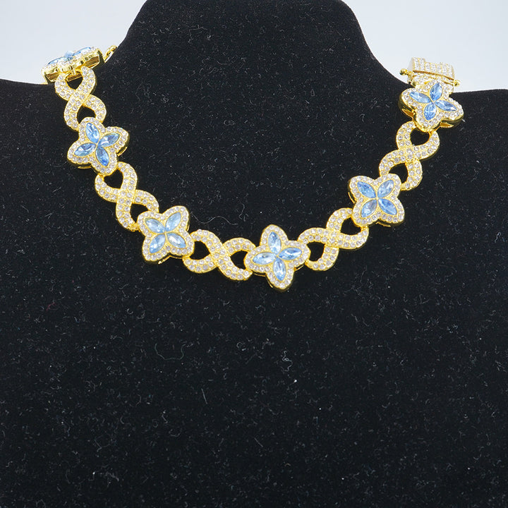 Infinity Knot Clover Clear Diamond Jewelry Set, Gold & Silver Tone Luxury Pave White Gemstone Bracelet & Necklace