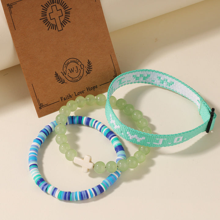 WWJD Series Cross Beaded Webbing Bracelet Set
