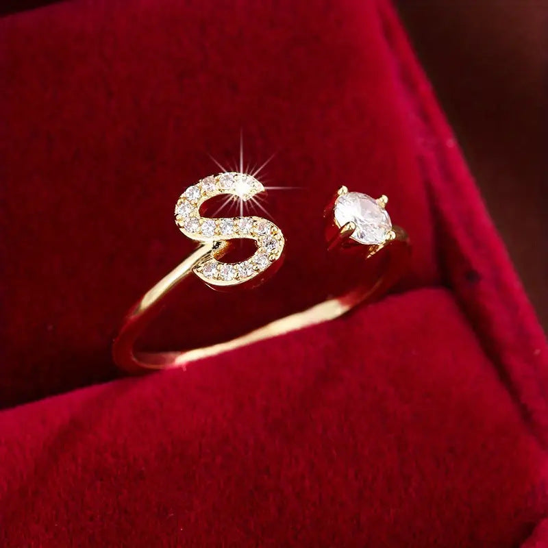 Full Zircon Letter Open Ring CNC-Set Titanium Steel Vacuum Plated