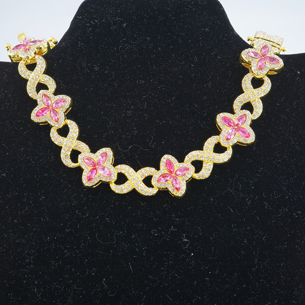 Infinity Knot Clover Clear Diamond Jewelry Set, Gold & Silver Tone Luxury Pave White Gemstone Bracelet & Necklace