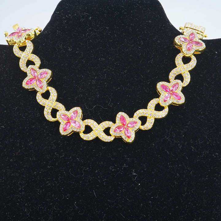 Infinity Knot Clover Clear Diamond Jewelry Set, Gold & Silver Tone Luxury Pave White Gemstone Bracelet & Necklace