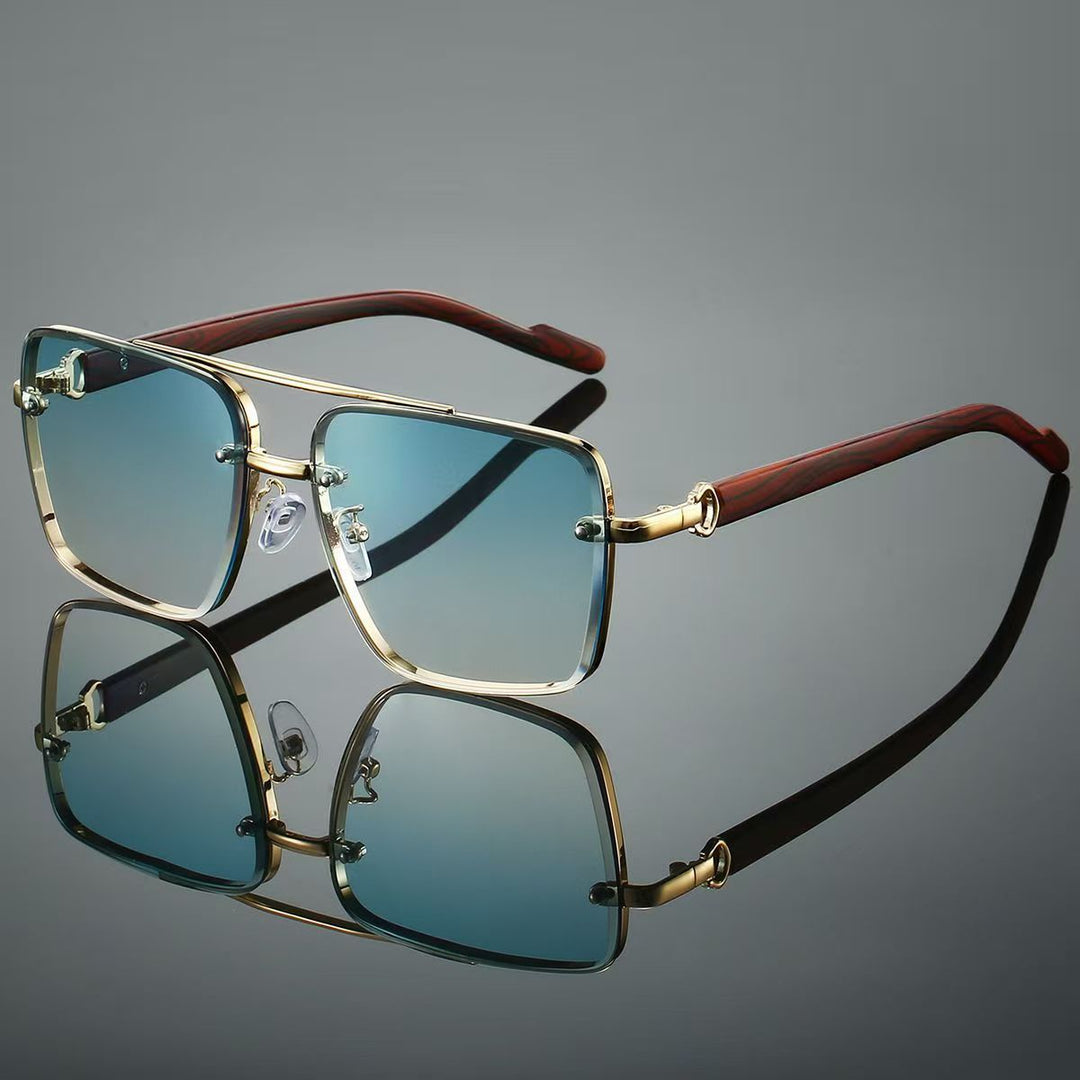 Vintage Double Rim Half-Rim Wood Grain Metal Aviator Sunglasses, Multi Gradient Lens Outdoor Shades