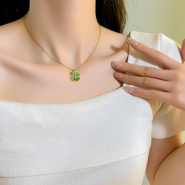 Cat's Eye Four-Leaf Clover Lucky Necklace, 2 Color Heart Petal 14K Gold Plated Choker