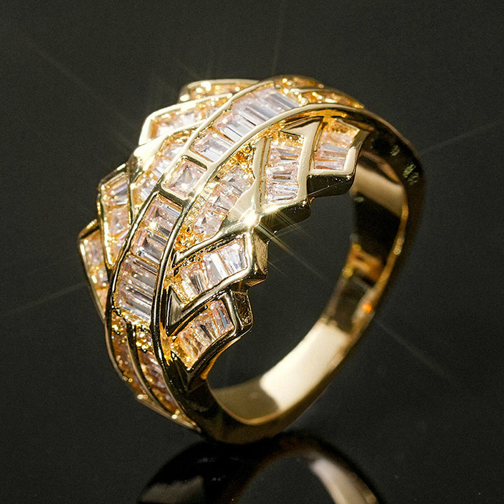 Double Layer Interwoven Baguette Diamond Wavy Wide Ring, Solid S925 Silver Gold & Silver Two-Tone Luxury Heavy Pave Band