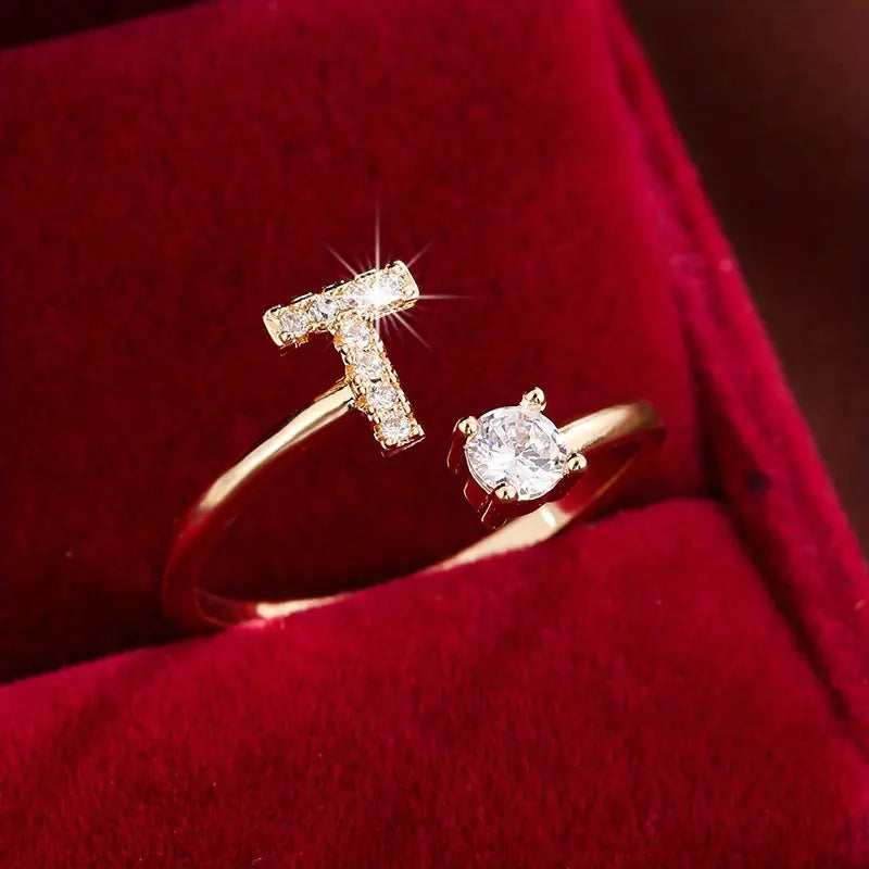 Full Zircon Letter Open Ring CNC-Set Titanium Steel Vacuum Plated