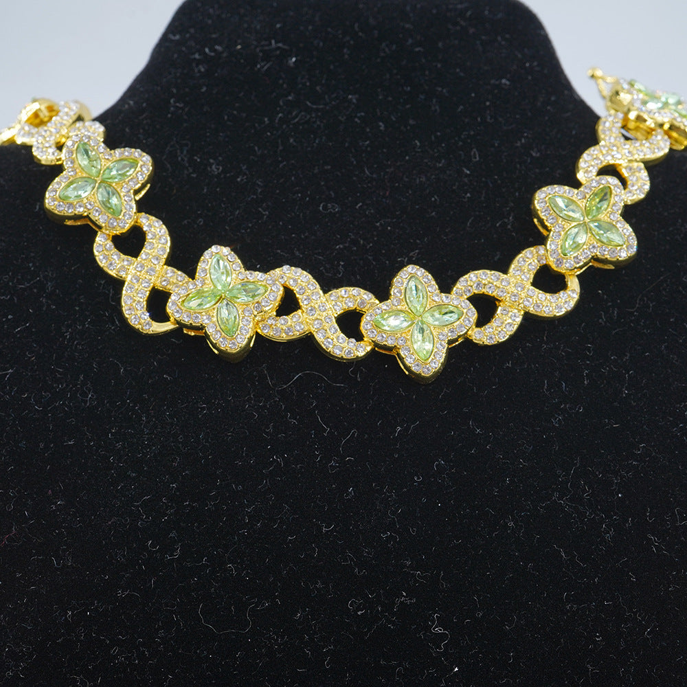 Infinity Knot Clover Clear Diamond Jewelry Set, Gold & Silver Tone Luxury Pave White Gemstone Bracelet & Necklace