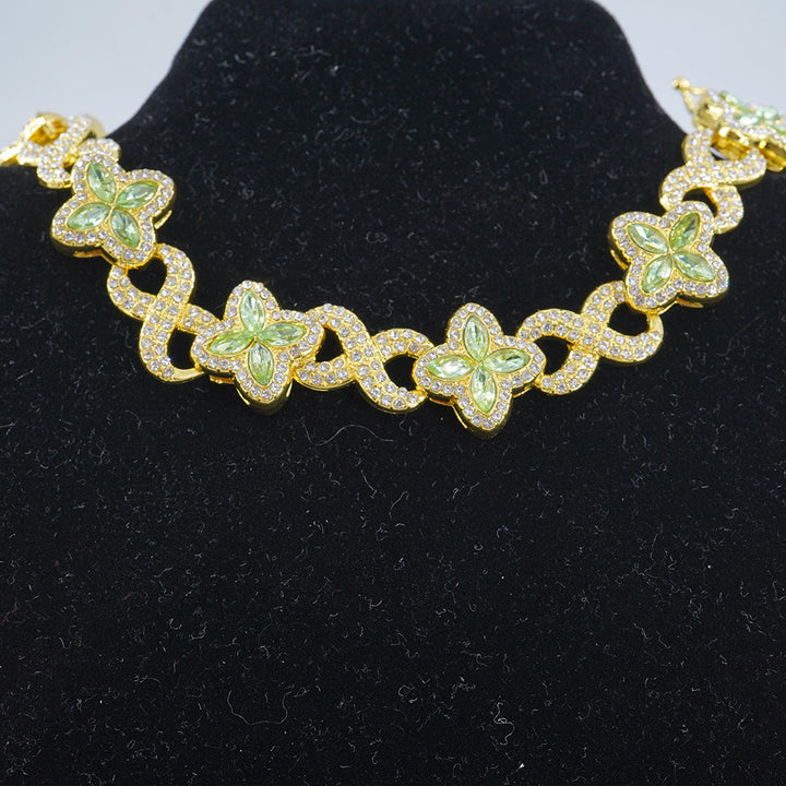 Infinity Knot Clover Clear Diamond Jewelry Set, Gold & Silver Tone Luxury Pave White Gemstone Bracelet & Necklace