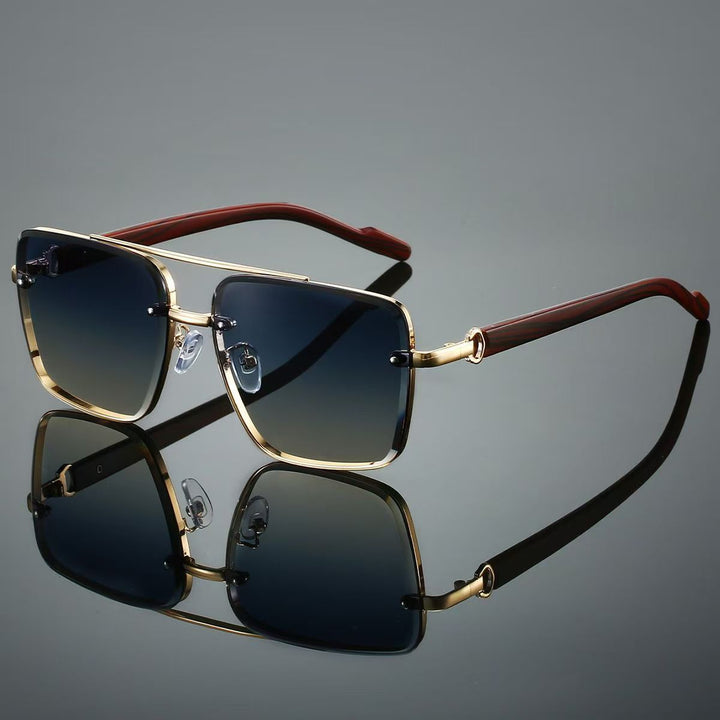 Vintage Double Rim Half-Rim Wood Grain Metal Aviator Sunglasses, Multi Gradient Lens Outdoor Shades