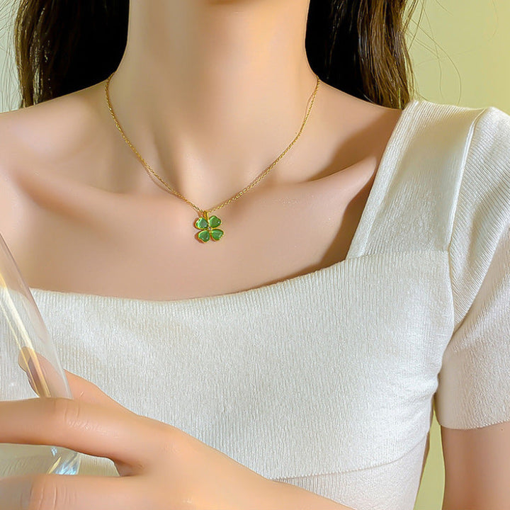 Cat's Eye Four-Leaf Clover Lucky Necklace, 2 Color Heart Petal 14K Gold Plated Choker