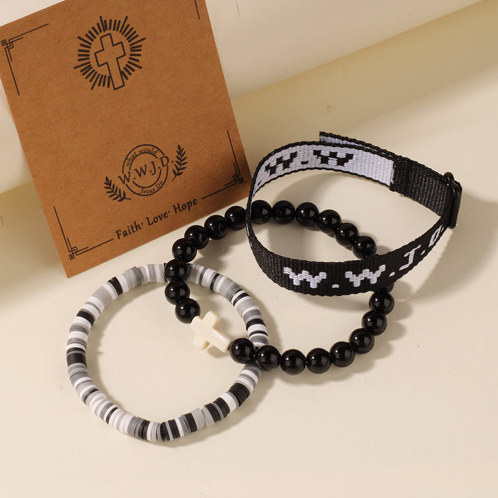 WWJD Series Cross Beaded Webbing Bracelet Set