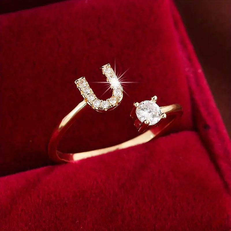 Full Zircon Letter Open Ring CNC-Set Titanium Steel Vacuum Plated
