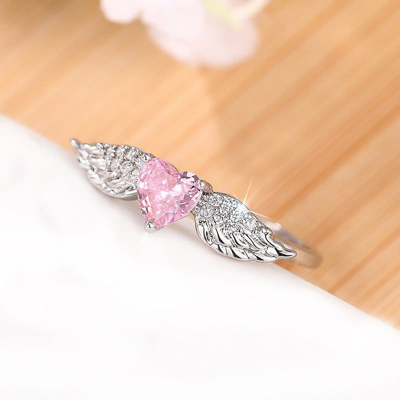Angel‑Wing Heart‑Shaped Pink Diamond Open Ring